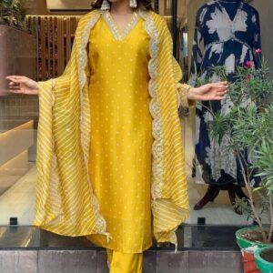 Bandhani Embroidered Regular Sequinned Kurta With Trouser & Dupatta